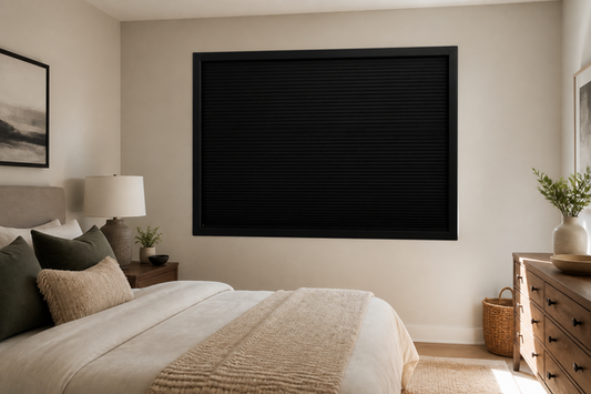 Black framed total blackout blind closed in a bright bedroom during a heat wave