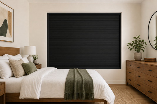 Stylish bedroom with a fitted no-drill total blackout blind