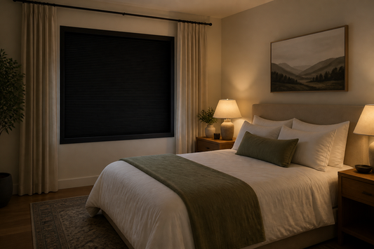 Bedroom with total blackout blind layered behind warm ivory curtains