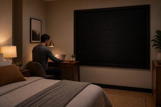 Adult working late in a bedroom with a fully closed fitted blackout blind