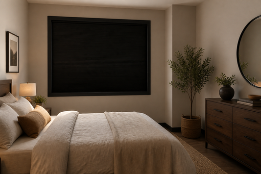 Spring bedroom with a fully closed framed total blackout blind