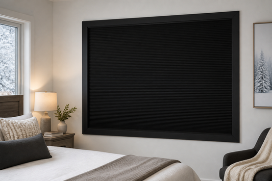 Winter bedroom with a fully closed black framed total blackout blind
