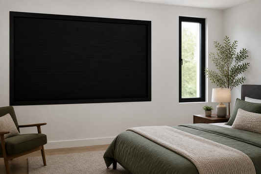 Bedroom with a fully closed black framed total blackout blind fitted over an intact window