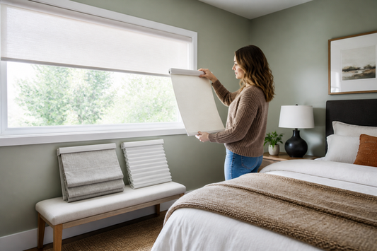 Homeowner comparing roller, Roman, and cellular blackout blind samples in a bedroom