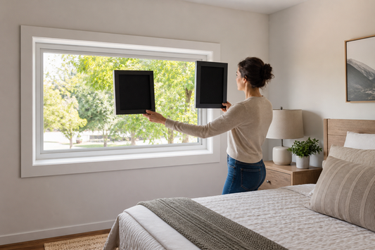 Homeowner comparing inside-mount and outside-mount blackout blind frame samples at a bedroom window