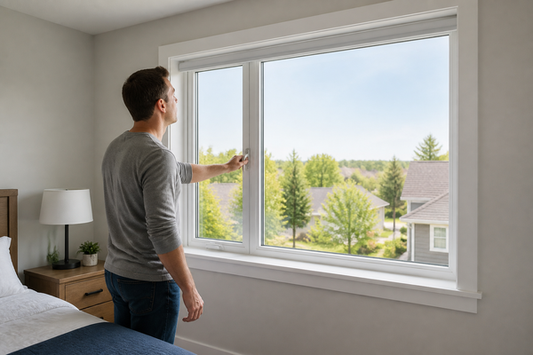 Homeowner checking a bedroom window handle before choosing a blackout blind opening direction