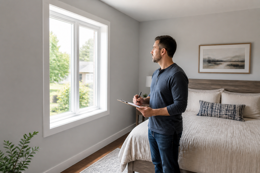 Homeowner recording window light conditions during a room-by-room blackout blind audit