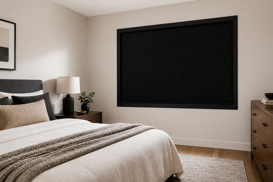 Bedroom with a fully closed black framed pleated blackout blind and no perimeter light