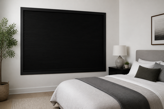 Bright bedroom with a fully closed black enclosed-frame pleated blackout blind and no visible light leaks