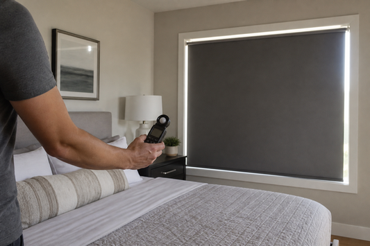 Homeowner measuring bedroom light at pillow height with a handheld lux meter beside a window blind