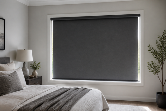 Modern bedroom with a closed blackout roller shade and narrow realistic side light gaps