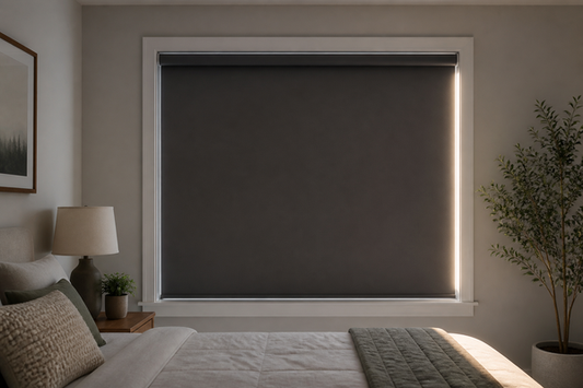 Early morning bedroom with a closed conventional blackout shade and a narrow side light gap