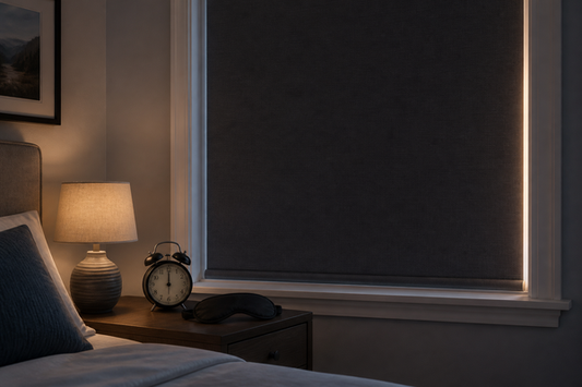 Black eye mask and analog alarm clock beside a bedroom window with a narrow early-morning light gap