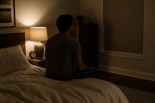 Adult awake in a tidy dark bedroom while an analog clock sits on the bedside table