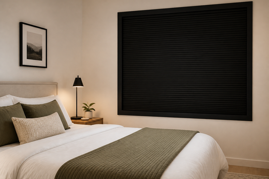 Bright neutral bedroom with a fully closed black framed pleated blackout blind and selective black accents