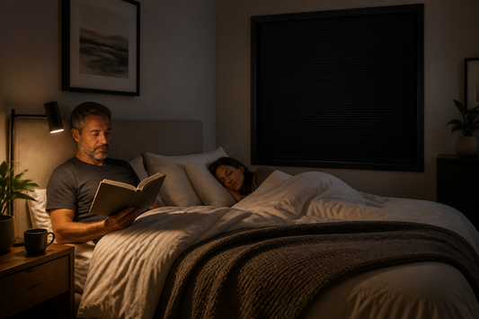 Shared bedroom with one shielded reading light and a fully closed black framed pleated blackout blind