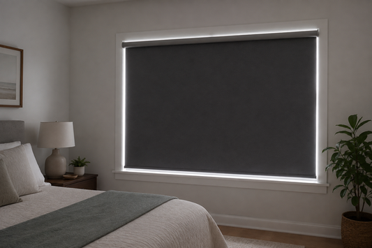 Bedroom with an ordinary roller blackout shade showing narrow light gaps at the sides and top