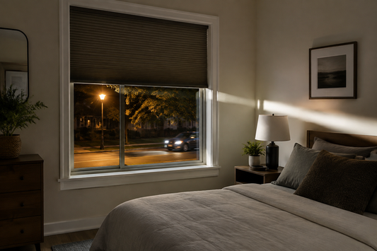 Street-facing North American bedroom at night with a streetlamp and passing headlights outside