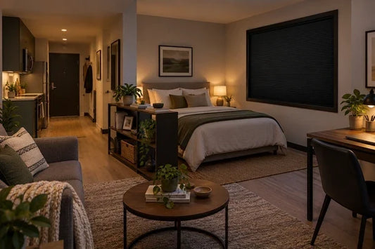 Open studio apartment at dusk with a defined sleeping zone and a fitted black ShadeCort window system