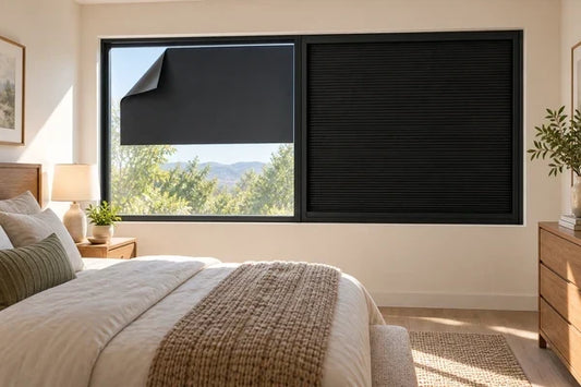 Bedroom window comparing opaque blackout film with a fitted black ShadeCort blackout blind
