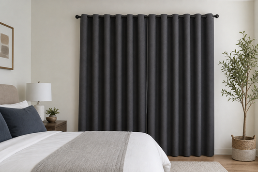 Well-fitted blackout curtains covering a bright bedroom window