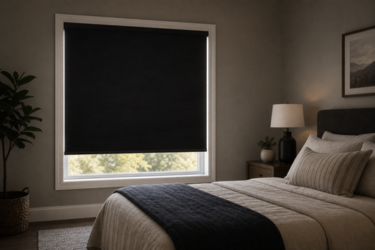 Bedroom window fitted with black blackout blinds