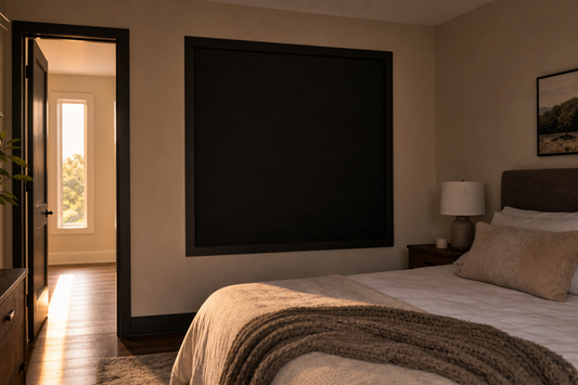 Bedroom protected from early summer morning light by a sealed total blackout blind