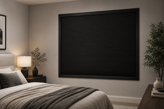 Bedroom with a fully closed enclosed frame blackout blind and no visible light leaks