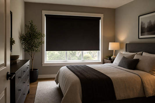 Modern bedroom with blackout shades for windows