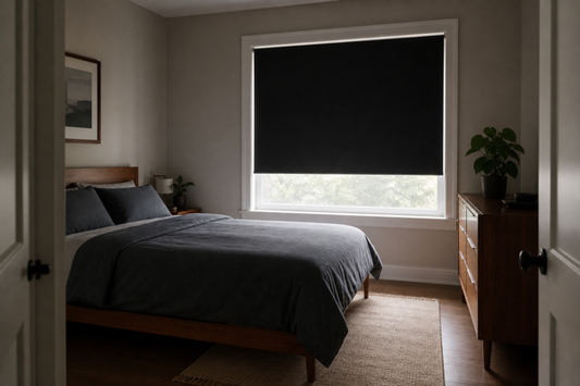 Bedroom prepared for daytime sleep with blackout blinds after a night shift