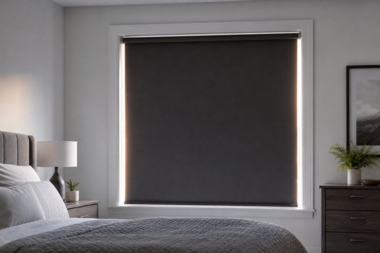 Morning light entering through the side gaps of a standard roller blind