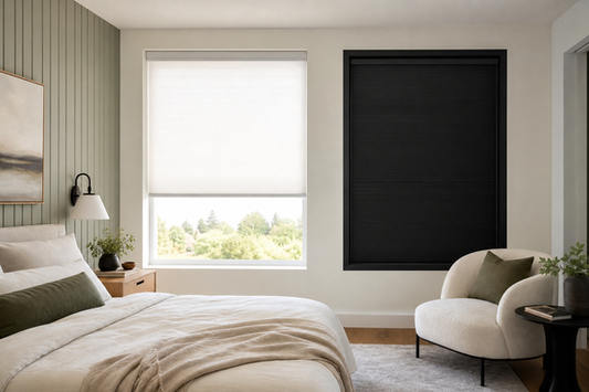 Bedroom showing a light filtering shade beside a black framed blackout shade with no visible edge light