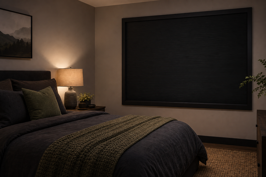 Relaxing bedroom with a fully closed total blackout blind and warm bedside lighting