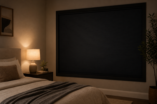 Bedroom with no-drill ShadeCort total blackout blinds and no visible light leaks