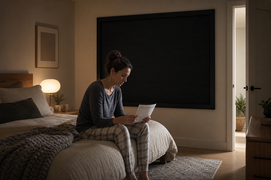 Adult reviewing a sleep log in a bedroom with a sealed total blackout blind