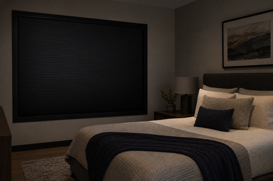 Bedroom with a fully closed ShadeCort total blackout blind and dim nighttime lighting